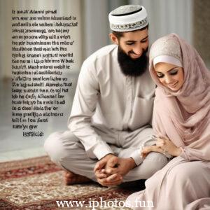 A man and woman in traditional Muslim attire praying in a mosque.