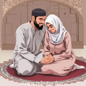 A man and woman in traditional Muslim attire praying in a mosque.