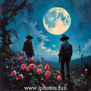 Red Dead Redemption 2' showing a character riding a horse in a vast, open world. standing in front of a full moon, holding roses killers of the flower moon