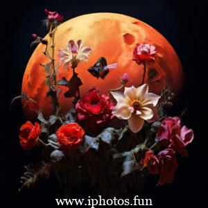 A vibrant red moon adorned with colorful flowers and delicate butterflies. killers of the flower moon