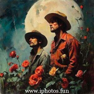 Two men standing in front of a full moon, holding roses killers of the flower moon