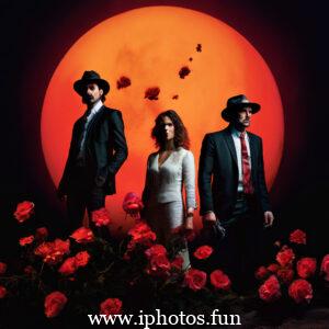 Two men and women standing in front of a full moon, holding roses, killers of the flower moon