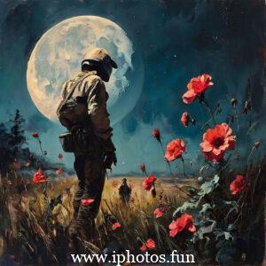 A men standing in front of a full moon, holding roses killers of the flower moon