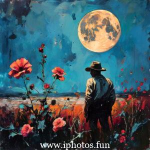 A men standing in front of a full moon, holding roses killers of the flower moon