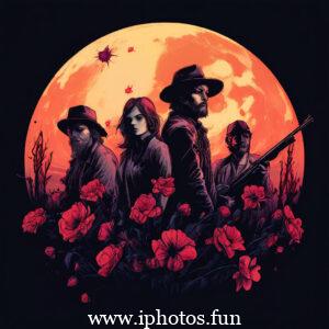 Two men and women standing in front of a full moon, holding roses killers of the flower moon