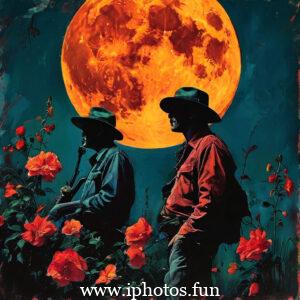 Two men standing in front of a full moon, holding roses killers of the flower moon