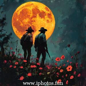 Two men standing in front of a full moon, holding roses, killers of the flower moon