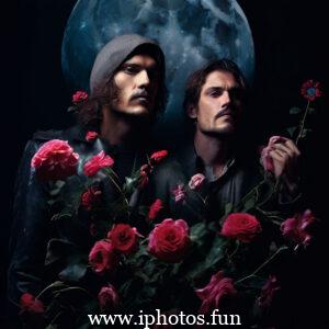 Two men standing in front of a full moon, holding roses killers of the flower moon