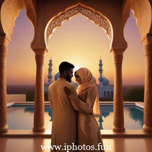 An affectionate Muslim couple hugging with the sunset creating a romantic backdrop.