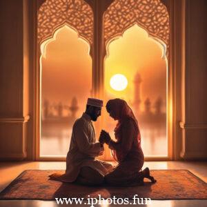 A man and woman in traditional Muslim attire praying in a mosque.