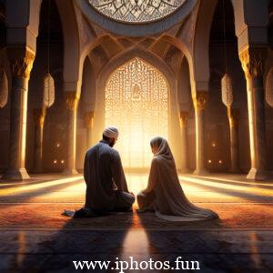 A man and woman in traditional Muslim attire praying in a mosque.