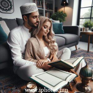 Husband wife beautiful couple read Quran love Islamic photo