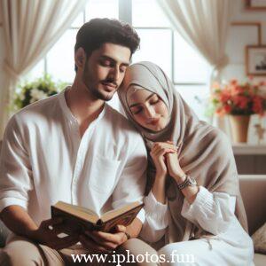 Husband wife beautiful couple read Quran love Islamic photo