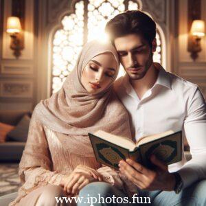 Husband wife beautiful couple read Quran love Islamic photo