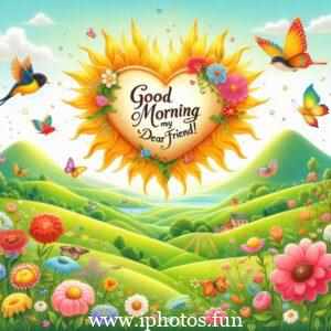 A colorful greeting card with the words "Good morning" and wishes for a happy day, spring, summer, autumn, and new year.