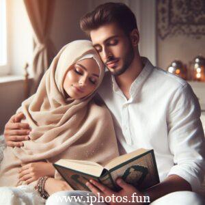 Husband wife beautiful couple read Quran love Islamic photo