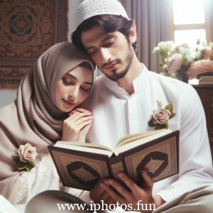 Husband wife beautiful couple read Quran love Islamic photo