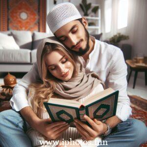 Husband wife beautiful couple read Quran love Islamic photo