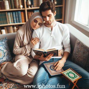 Husband wife beautiful couple read Quran love Islamic photo