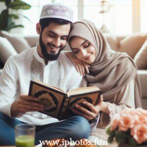 Husband wife beautiful couple read Quran love Islamic photo