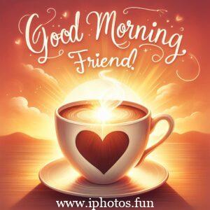 A coffee cup with a heart on the saucer, symbolizing a friendly morning greeting between friends.