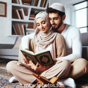 Husband wife beautiful couple read Quran love Islamic photo