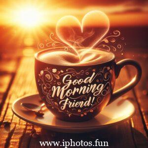 A coffee cup with a heart on the saucer, symbolizing a friendly morning greeting between friends.