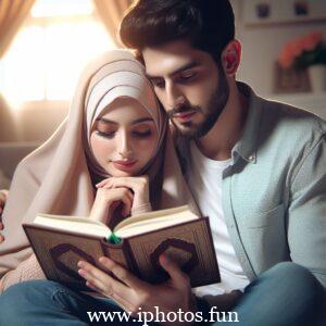 Husband wife beautiful couple read Quran love Islamic photo