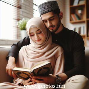 Husband wife beautiful couple read Quran love Islamic photo