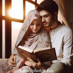 Husband wife beautiful couple read Quran love Islamic photo