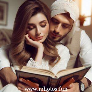 Husband wife beautiful couple read Quran love Islamic photo