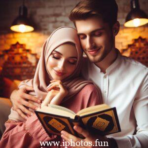 Husband wife beautiful couple read Quran love Islamic photo