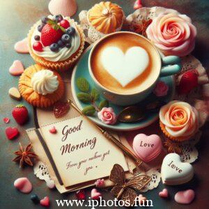 A cup of coffee with cookies and sweets on a wooden table, perfect for a cozy morning.