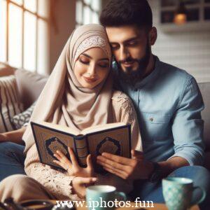 Husband wife beautiful couple read Quran love Islamic photo