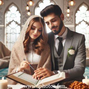 Husband wife beautiful couple read Quran love Islamic photo