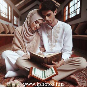 Husband wife beautiful couple read Quran love Islamic photo