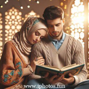 Husband wife beautiful couple read Quran love Islamic photo