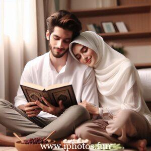 Husband wife beautiful couple read Quran love Islamic photo