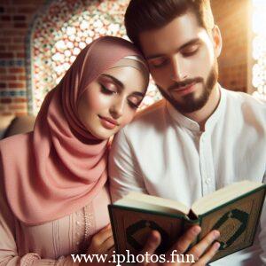 Husband wife beautiful couple read Quran love Islamic photo