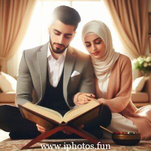 Husband wife beautiful couple read Quran love Islamic photo