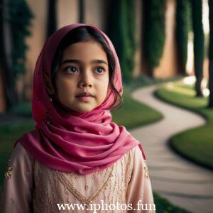 A captivating cinematic photo of a young girl with expressive eyes, wearing a vibrant pink hijab that gracefully drapes around her neck. She is attired in a delicate, light-colored outfit adorned with small golden embellishments, reflecting her elegance and grace. The background, a blurred outdoor setting with tall trees and a winding pathway, adds depth and serenity to the captivating scene