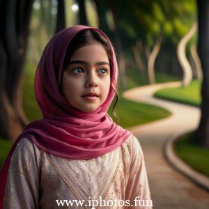 A captivating cinematic photo of a young girl with expressive eyes, wearing a vibrant pink hijab that gracefully drapes around her neck. She is attired in a delicate, light-colored outfit adorned with small golden embellishments, reflecting her elegance and grace. The background, a blurred outdoor setting with tall trees and a winding pathway, adds depth and serenity to the captivating scene