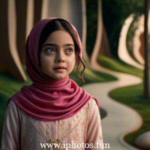 A captivating cinematic photo of a young girl with expressive eyes, wearing a vibrant pink hijab that gracefully drapes around her neck. She is attired in a delicate, light-colored outfit adorned with small golden embellishments, reflecting her elegance and grace. The background, a blurred outdoor setting with tall trees and a winding pathway, adds depth and serenity to the captivating scene