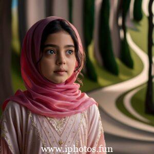 A captivating cinematic photo of a young girl with expressive eyes, wearing a vibrant pink hijab that gracefully drapes around her neck. She is attired in a delicate, light-colored outfit adorned with small golden embellishments, reflecting her elegance and grace. The background, a blurred outdoor setting with tall trees and a winding pathway, adds depth and serenity to the captivating scene