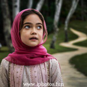 A captivating cinematic photo of a young girl with expressive eyes, wearing a vibrant pink hijab that gracefully drapes around her neck. She is attired in a delicate, light-colored outfit adorned with small golden embellishments, reflecting her elegance and grace. The background, a blurred outdoor setting with tall trees and a winding pathway, adds depth and serenity to the captivating scene