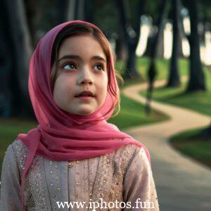 A captivating cinematic photo of a young girl with expressive eyes, wearing a vibrant pink hijab that gracefully drapes around her neck. She is attired in a delicate, light-colored outfit adorned with small golden embellishments, reflecting her elegance and grace. The background, a blurred outdoor setting with tall trees and a winding pathway, adds depth and serenity to the captivating scene