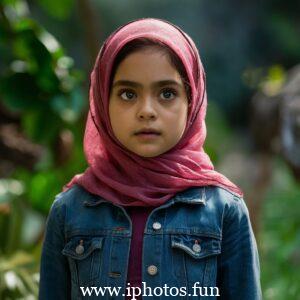 A captivating cinematic photo of a young girl with expressive eyes, wearing a vibrant pink hijab that gracefully drapes around her neck. She is attired in a delicate, light-colored outfit adorned with small golden embellishments, reflecting her elegance and grace. The background, a blurred outdoor setting with tall trees and a winding pathway, adds depth and serenity to the captivating scene