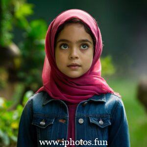 A captivating cinematic photo of a young girl with expressive eyes, wearing a vibrant pink hijab that gracefully drapes around her neck. She is attired in a delicate, light-colored outfit adorned with small golden embellishments, reflecting her elegance and grace. The background, a blurred outdoor setting with tall trees and a winding pathway, adds depth and serenity to the captivating scene