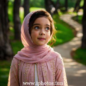 A captivating cinematic photo of a young girl with expressive eyes, wearing a vibrant pink hijab that gracefully drapes around her neck. She is attired in a delicate, light-colored outfit adorned with small golden embellishments, reflecting her elegance and grace. The background, a blurred outdoor setting with tall trees and a winding pathway, adds depth and serenity to the captivating scene