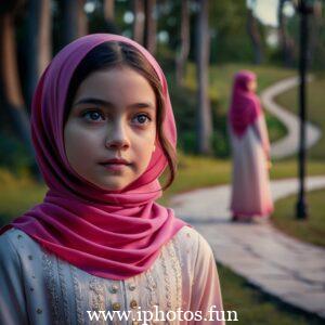 A captivating cinematic photo of a young girl with expressive eyes, wearing a vibrant pink hijab that gracefully drapes around her neck. She is attired in a delicate, light-colored outfit adorned with small golden embellishments, reflecting her elegance and grace. The background, a blurred outdoor setting with tall trees and a winding pathway, adds depth and serenity to the captivating scene